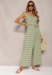 Zielony Taliowany Kombinezon z Wiskozy na Ramiączkach Wiązany w Talii Seadia. Zielone sukienki Renee, na co dzień, s, bez wzorów, z materiału, eleganckie, bez kołnierzyka, bez ramiączek. Za 44.99 zł.
