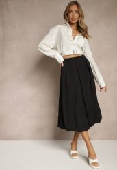 Czarna Rozkloszowana Spódnica z Wiskozą Zdobiona Zakładkami Volnira. Czarne spódnice Renee, na co dzień, l, z aplikacjami, z wiskozy, eleganckie, midi, oversize. Za 99.99 zł.