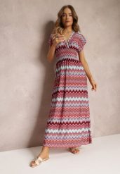 Bordowa Wzorzysta Sukienka Maxi z Gumką w Talii i Rozkloszowanym Dołem Noareya. Czerwone sukienki Renee, na co dzień, l, bez wzorów, bez kołnierzyka, bez ramiączek, maxi, kopertowe. Za 44.99 zł.
