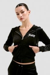 JUICY COUTURE Czarna damska bluza Robertson Caviar Hoodie, Rozmiar L. Czarne bluzy sportowe Juicy Couture, l, bez wzorów, bez kaptura. W wyprzedaży za 329.99 zł.