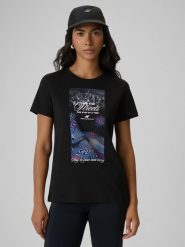 4F T-shirt regular z nadrukiem damski - czarny XS. Czarne t-shirty 4f, xs, bez wzorów, z bawełny, bez kołnierzyka, bez ramiączek. Za 69.99 zł.