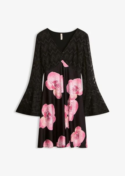 Sukienka z dżerseju z koronką. Czarne sukienki bonprix, bez wzorów, z dżerseju, boho, bez kołnierzyka, bez ramiączek. Za 99.99 zł.