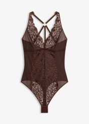 Body ze stringami, bez fiszbinów, ze szlachetnym haftem. Brązowe body bonprix, bez wzorów. Za 109.99 zł.