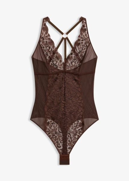 Body ze stringami, bez fiszbinów, ze szlachetnym haftem. Brązowe body bonprix, bez wzorów. Za 109.99 zł.