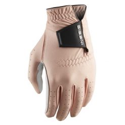 Rękawica do golfa damska Inesis Soft 500 dla praworęcznych. Czerwone rękawiczki INESIS, bez wzorów, ze skóry, sportowe. Za 49.99 zł.