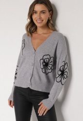 Szary Kardigan na Guziki w Haftowane Kwiaty Tustara. Szare kardigany Born2be, l, bez wzorów, z jeansu. Za 79.99 zł.