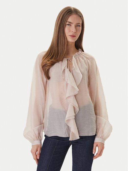 Guess Bluzka W6GH28 W1844 Beżowy Regular Fit. Brązowe bluzki Guess, xxl, z aplikacjami, z lyocellu, bez kołnierzyka, bez ramiączek. Za 294.99 zł.