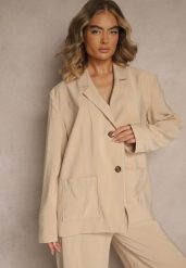 Beżowa Marynarka z Modalu o Pudełkowym Fasonie Oversize z Kieszonkami Maviline. Brązowe marynarki i żakiety Renee, l, bez wzorów. Za 199.99 zł.