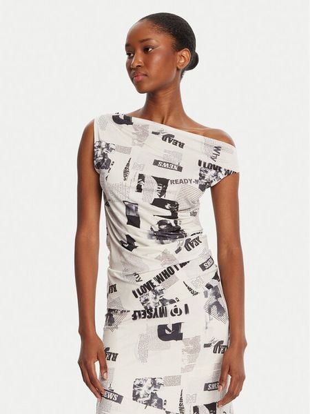 Desigual Bluzka Breaking News 25WWTK10 Écru Regular Fit. Bluzki Desigual, m, bez wzorów, z syntetyku, bez kołnierzyka, bez ramiączek. Za 159.99 zł.