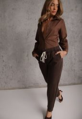 Brązowe Jeansy Mom Fit z Bawełny ze Ściągaczem i Wiązaniem w Talii Naubel. Brązowe jeansy Renee, l, bez wzorów. Za 129.99 zł.