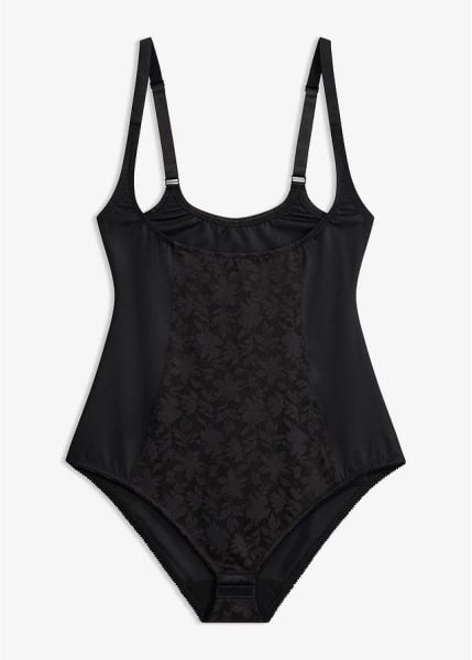 Mocno modelujące body z koronką. Czarne body bonprix, bez wzorów, z koronki. Za 119.99 zł.