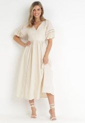 Beżowa Sukienka Maxi z Bawełny i Lnu z Ażurowymi Wstawkami i Gumką w Pasie Arada. Brązowe sukienki Born2be, na co dzień, m, w ażurowe wzory, z bawełny, wizytowe, bez kołnierzyka, bez ramiączek, maxi, proste. Za 159.99 zł.