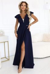 Długa sukienka wieczorowa rozkloszowana granatowa. Sukienki Numoco, na studniówkę, m, bez wzorów, wizytowe, bez kołnierzyka, bez ramiączek, maxi, rozkloszowane. Za 389.00 zł.