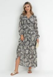 Szara Sukienka Maxi z Gumką w Talii i Roślinnym Printem Alai. Szare sukienki Born2be, na wiosnę, l, bez wzorów, bez kołnierzyka, bez ramiączek, maxi. Za 84.99 zł.