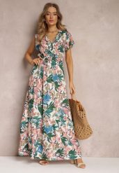 Biało-Zielona Sukienka z Wiskozy Maxi w Kwiaty Mahiza. Białe sukienki Renee, l, bez wzorów, z tkaniny, bez kołnierzyka, bez ramiączek, maxi, kopertowe. Za 59.99 zł.