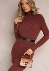 Brązowa Sukienka Midi ze Sweterkowej Dzianiny z Półgolfem i Ściągaczami Antonime. Brązowe sukienki Renee, m, bez wzorów, z dzianiny, bez kołnierzyka, bez ramiączek, midi. Za 59.99 zł.