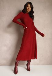 Bordowa Elegancka Sukienka z Wiskozą i Brokatem Werista. Czerwone sukienki Renee, na zimę, l, bez wzorów, z materiału, eleganckie, bez kołnierzyka, bez ramiączek, maxi. Za 149.99 zł.