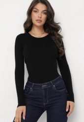Czarny Sweter o Dopasowanym Fasonie z Prążkowanej Dzianiny Marinesa. Czarne swetry Born2be, m, bez wzorów, z dzianiny, bez ramiączek. Za 59.99 zł.