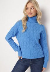 Niebieski Sweter z Golfem w Warkoczowy Splot ze Ściągaczami Maraiwai. Niebieskie golfy Born2be, bez wzorów, ze splotem, bez ramiączek. Za 109.99 zł.