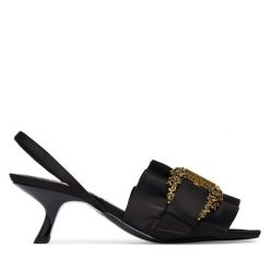 Sandały Versace Jeans Couture. Czarne sandały Versace Jeans Couture, bez wzorów, z jeansu, bez obcasa, na szpilce, bez zapięcia. Za 969.99 zł.