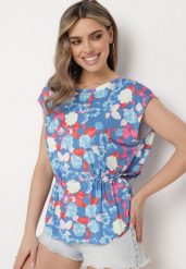 Niebieski Top Koszulka bez Rękawów ze Ściągaczem i Wiązaniem z Głębokim Rozcięciem z Tyłu Efiza. Niebieskie topy Born2be, l, bez wzorów, z jeansu, bez kołnierzyka, bez ramiączek. Za 59.99 zł.