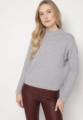 Szary Gładki Sweter o Pudełkowym Kroju ze Stójką Unessa. Szare swetry Born2be, l, bez wzorów, z jeansu, bez ramiączek. Za 79.99 zł.