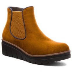 RIEKER 99194-24. Brązowe botki Rieker, bez wzorów, z materiału, bez obcasa, bez zapięcia. Za 249.99 zł.