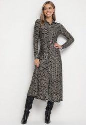 Czarno-Szara Sukienka Koszulowa w Mozaikowy Wzór z Wiązanym Paskiem Sailise. Czarne sukienki Born2be, na co dzień, l, bez wzorów, eleganckie, bez kołnierzyka, bez ramiączek, midi, koszulowe. Za 169.99 zł.