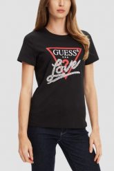 GUESS Czarny damski t-shirt Pearls Love. Czarne t-shirty Guess, s, z aplikacjami, bez kołnierzyka, bez ramiączek. W wyprzedaży za 189.99 zł.