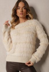 Jasnobeżowy Sweter z Wełną Ozdobiony Ściągaczami i Długim Włosiem Sialora. Brązowe swetry Renee, na jesień, bez wzorów, z jeansu, bez ramiączek. Za 69.99 zł.