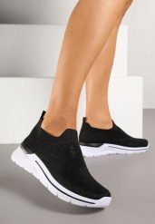 Czarne Buty Sportowe z Cholewką przed Kostkę z Miękkiego Materiału Ozdobione Cyrkoniami Telianisa. Czarne obuwie sportowe Renee, z jeansu, przed kostkę, bez zapięcia. Za 69.99 zł.