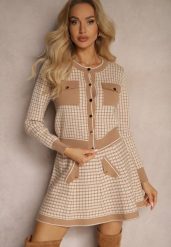 Beżowy Komplet z Dzianiny Rozkloszowana Spódniczka i Rozpinany Kardigan Zemida. Brązowe kardigany Renee, m, bez wzorów, z dzianiny. Za 139.99 zł.