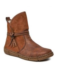 Botki Rieker. Brązowe botki Rieker, bez wzorów, bez obcasa, na płaskiej podeszwie, bez zapięcia. Za 429.99 zł.