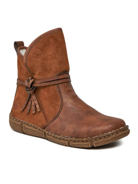Botki Rieker. Brązowe botki Rieker, bez wzorów, bez obcasa, na płaskiej podeszwie, bez zapięcia. Za 429.99 zł.
