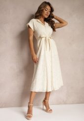 Beżowa Rozkloszowana Koszulowa Sukienka z Bawełny z Ażurowym Zdobieniem i Paskiem Ilosofia. Brązowe sukienki Renee, na co dzień, l, z aplikacjami, z bawełny, eleganckie, bez kołnierzyka, bez ramiączek, maxi, koszulowe. Za 119.99 zł.