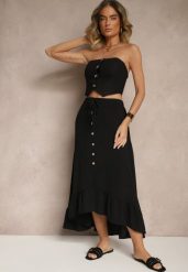 Czarna Spódnica z Przedłużonym Tyłem Zdobiona Falbanami i Guzikami Maleira. Czarne spódnice Renee, na co dzień, l, z aplikacjami, boho, midi, asymetryczne. Za 49.99 zł.