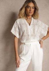 Biała Koszula z Bawełny z Ażurowym Wzorem Telannia. Białe koszule Renee, w ażurowe wzory, z bawełny, eleganckie, bez kołnierzyka, bez ramiączek. Za 44.99 zł.