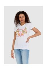 GUESS Biały t-shirt damski z logo z kwiatami i dżetami slim fit, Rozmiar S. Białe t-shirty Guess, s, z aplikacjami, bez kołnierzyka, bez ramiączek. W wyprzedaży za 109.99 zł.