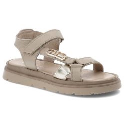 Sandały damskie Armodo, na platformie skórzane z ozdobą na rzep z miękkimi wkładkami, taupe złote, 40441-V. Brązowe sandały Armodo, z aplikacjami, ze skóry, eleganckie, bez obcasa, na platformie, bez zapięcia. Za 269.00 zł.