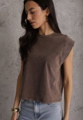 Brązowy Top z Bawełny w Stylu Grunge z Szeroką Linią Ramion Tezorea. Brązowe topy Renee, m, bez wzorów, z bawełny, bez kołnierzyka, bez ramiączek. Za 74.99 zł.