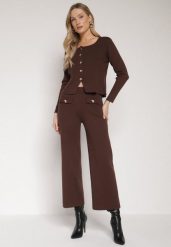 Brązowy Dzianinowy Komplet z Wiskozą w Eleganckim Stylu Kardigan i Spodnie Delisana. Brązowe kardigany Born2be, m, bez wzorów, z dzianiny. Za 239.99 zł.
