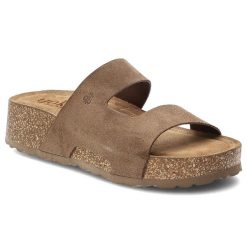 Klapki damskie Yokono, cholewka ze skóry naturalnej odkryty fason szeroki pasek stabilna platforma, brązowe, Wiwi-260 Ser Lodo. Brązowe klapki Yokono, bez wzorów, ze skóry, bez obcasa, na platformie. Za 209.00 zł.