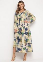 Beżowo-Zielona Maxi Rozkloszowana z Guzikami w Abstrakcyjny Print Falitta. Brązowe sukienki Born2be, l, bez wzorów, bez kołnierzyka, bez ramiączek, maxi, rozkloszowane. Za 169.99 zł.