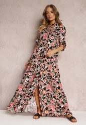 Czarno-Czerwona Koszulowa Sukienka Maxi z Podpinanymi Rękawami w Kwiatowy Wzór c. Czarne sukienki Renee, l, w ażurowe wzory, bez kołnierzyka, bez ramiączek, maxi, koszulowe. Za 99.99 zł.