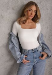 Biała Bluzka z Elastycznego Materiału o Kwadratowym Dekolcie z Wiskozą Nemosa. Białe bluzki Renee, l, bez wzorów, z jeansu, bez kołnierzyka, bez ramiączek. Za 79.99 zł.