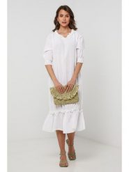 Lin Passion Lniana sukienka w kolorze białym rozmiar: 34/36. Białe sukienki Lin Passion, bez wzorów, ze lnu, klasyczne, bez kołnierzyka, bez ramiączek, midi. Za 173.99 zł.