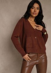 Brązowy Kardigan na Guziki z Domieszką Kaszmiru Vetiella. Brązowe kardigany Renee, bez wzorów, z jeansu. Za 99.99 zł.