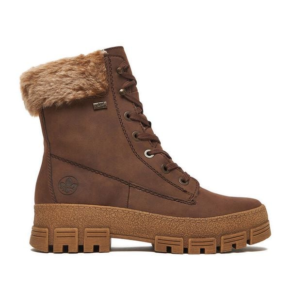 Trzewiki Rieker. Brązowe botki Rieker, bez wzorów, bez obcasa, na płaskiej podeszwie, bez zapięcia. Za 309.99 zł.