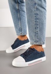 Granatowe Skórzane Trampki na Płaskiej Podeszwie ze Skórzaną Wkładką i Kontrastowym Noskiem Helili. Niebieskie trampki Born2be, bez wzorów, z jeansu, bez zapięcia. Za 79.99 zł.