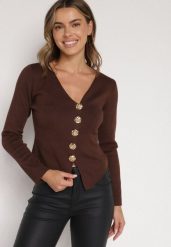 Brązowy Sweter z Wiskozą Ozdobiony Guzikami Zetisae. Brązowe swetry Born2be, m, bez wzorów, z jeansu, bez ramiączek. Za 89.99 zł.